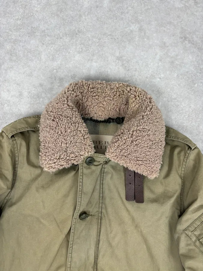 Burberry Khaki Olive Cargo Shearling Collar Bomber Jacket LIAJOEc 5