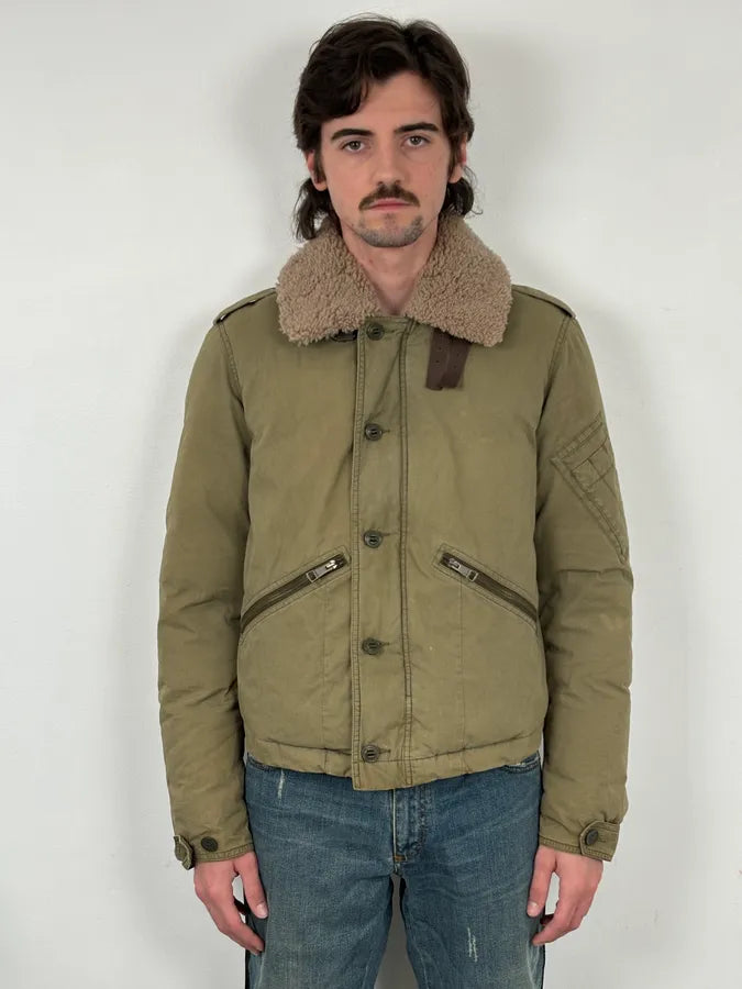 Burberry Khaki Olive Cargo Shearling Collar Bomber Jacket LIAJOEc 1