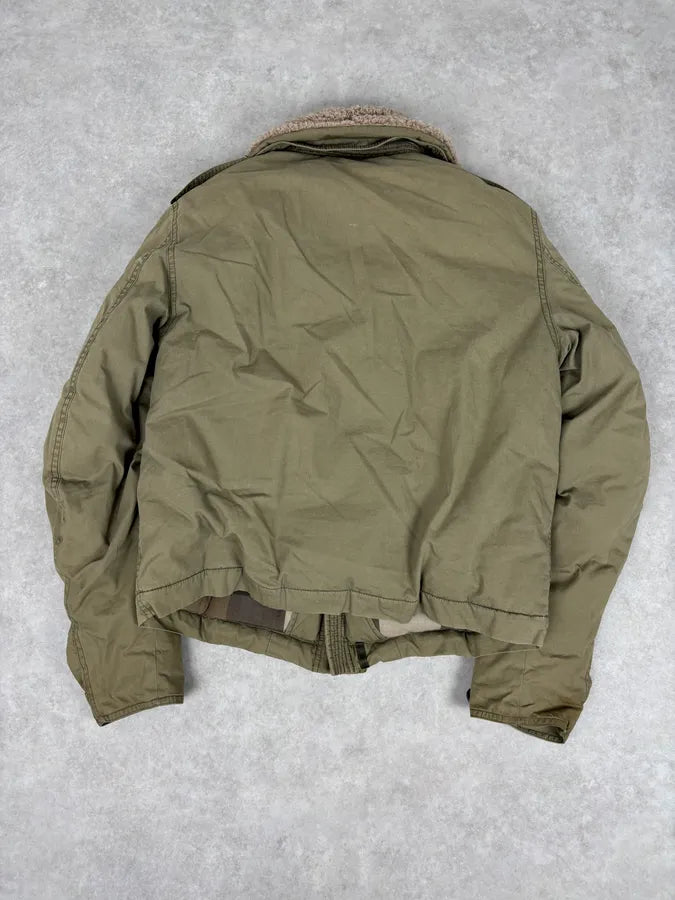Burberry Khaki Olive Cargo Shearling Collar Bomber Jacket LIAJOEc 6