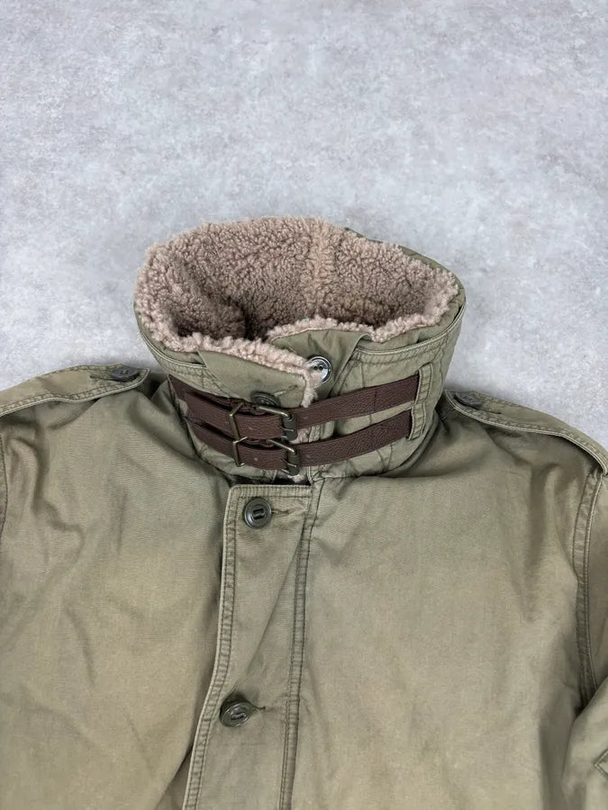Burberry Khaki Olive Cargo Shearling Collar Bomber Jacket LIAJOEc 3