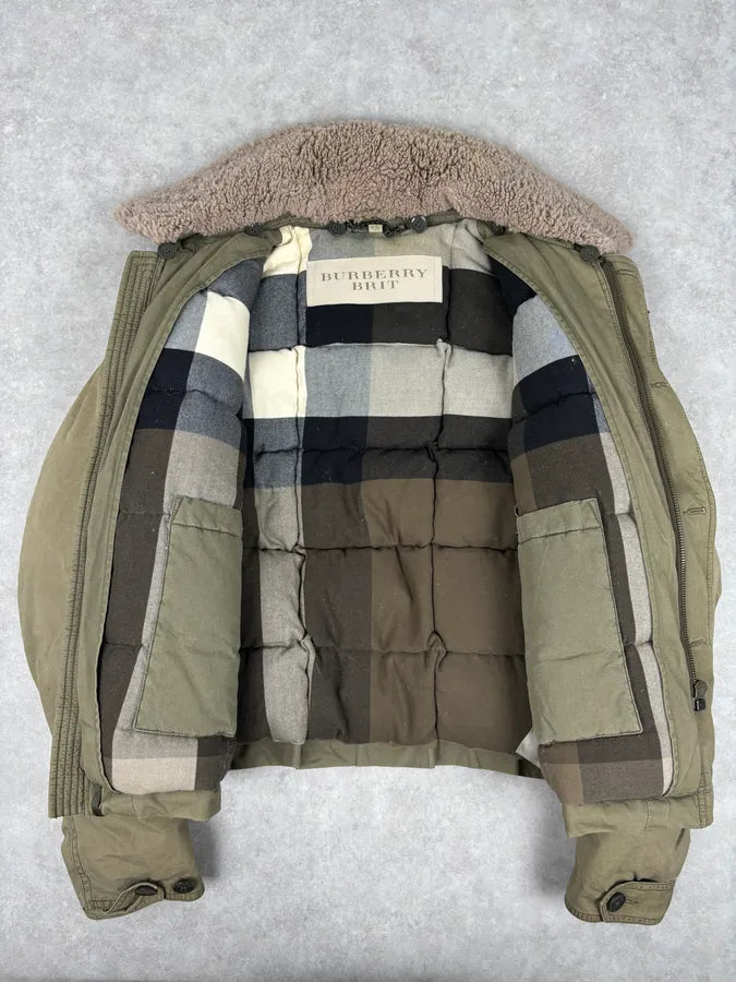 Burberry Khaki Olive Cargo Shearling Collar Bomber Jacket LIAJOEc 8