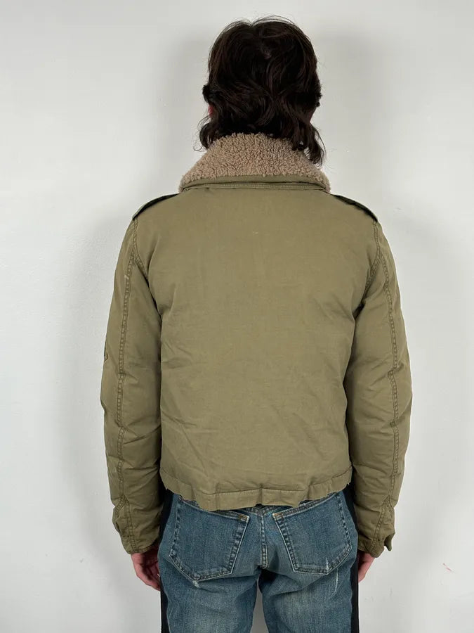 Burberry Khaki Olive Cargo Shearling Collar Bomber Jacket LIAJOEc 2