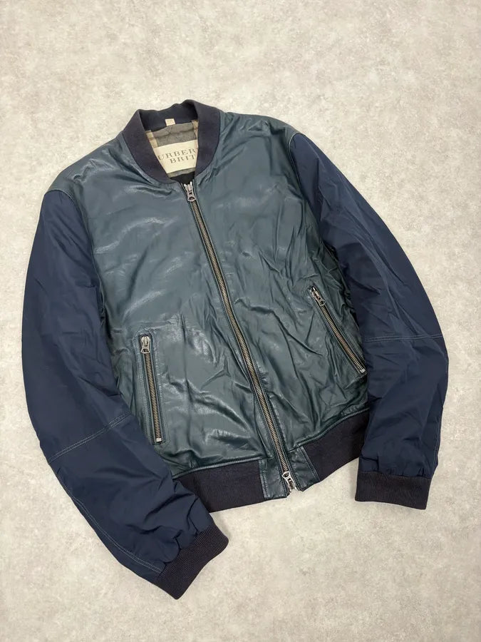 Burberry Navy Hybrid Leather & Nylon Bomber Jacket TfSraCy 3