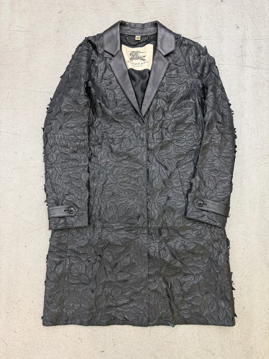 Burberry Prorsum Black Leather Embroidered Leaf Leather Long Jacket DPRGPTU 0