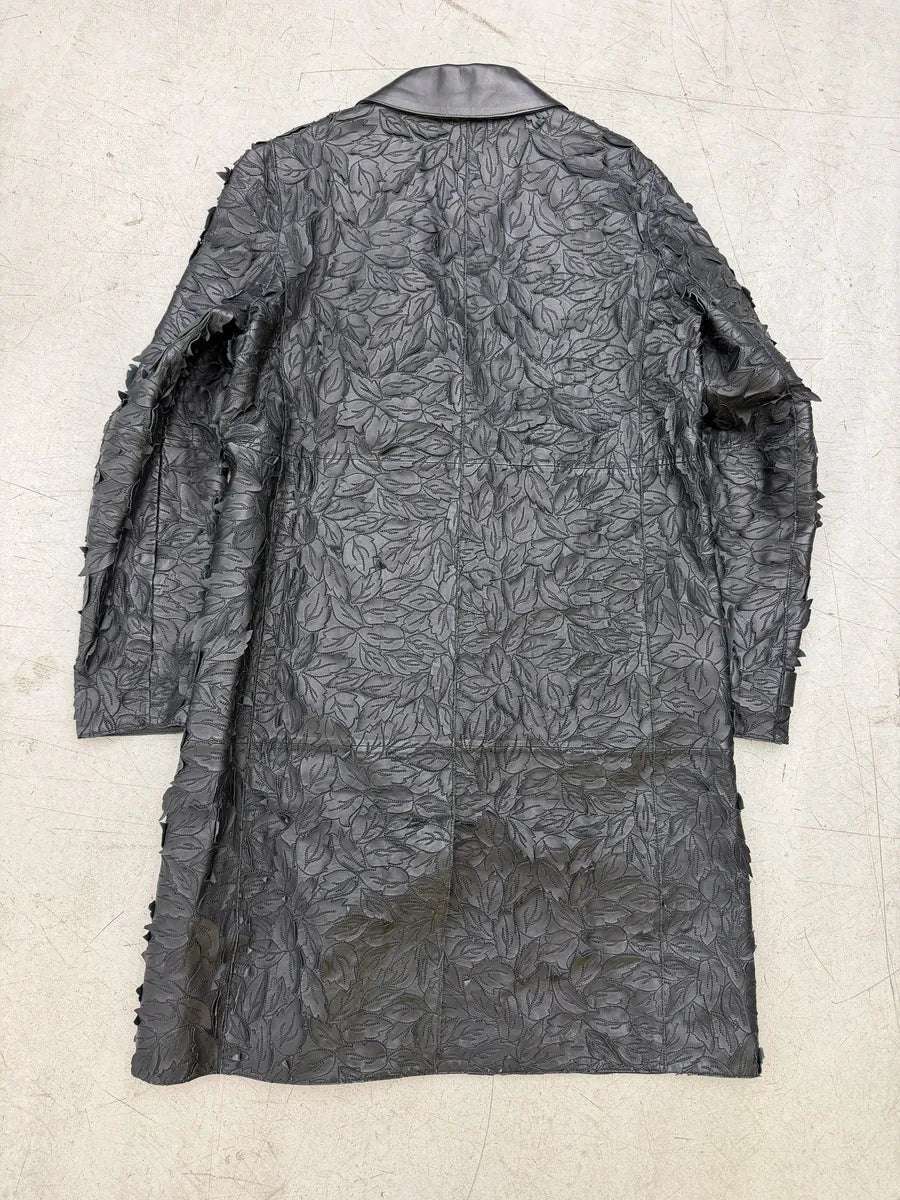 Burberry Prorsum Black Leather Embroidered Leaf Leather Long Jacket DPRGPTU 1