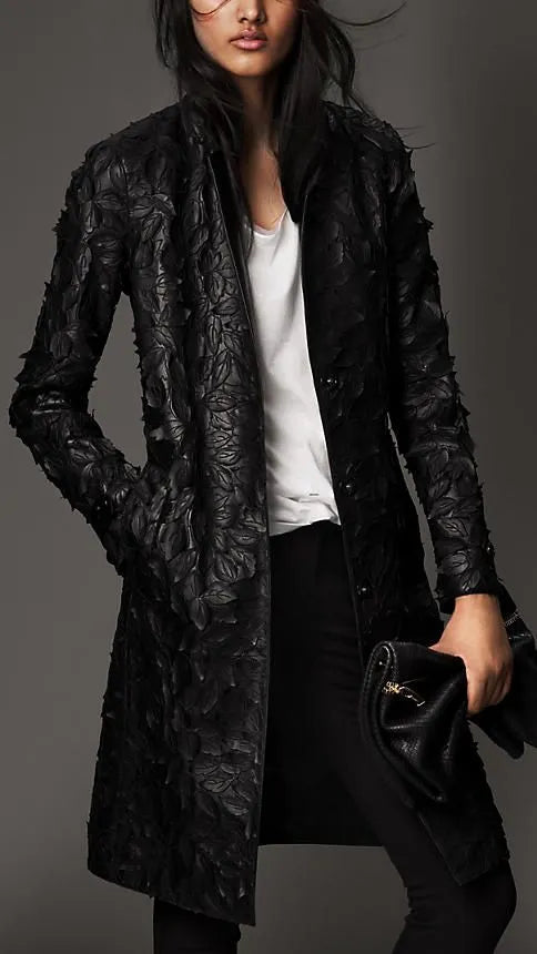 Burberry Prorsum Black Leather Embroidered Leaf Leather Long Jacket DPRGPTU 2