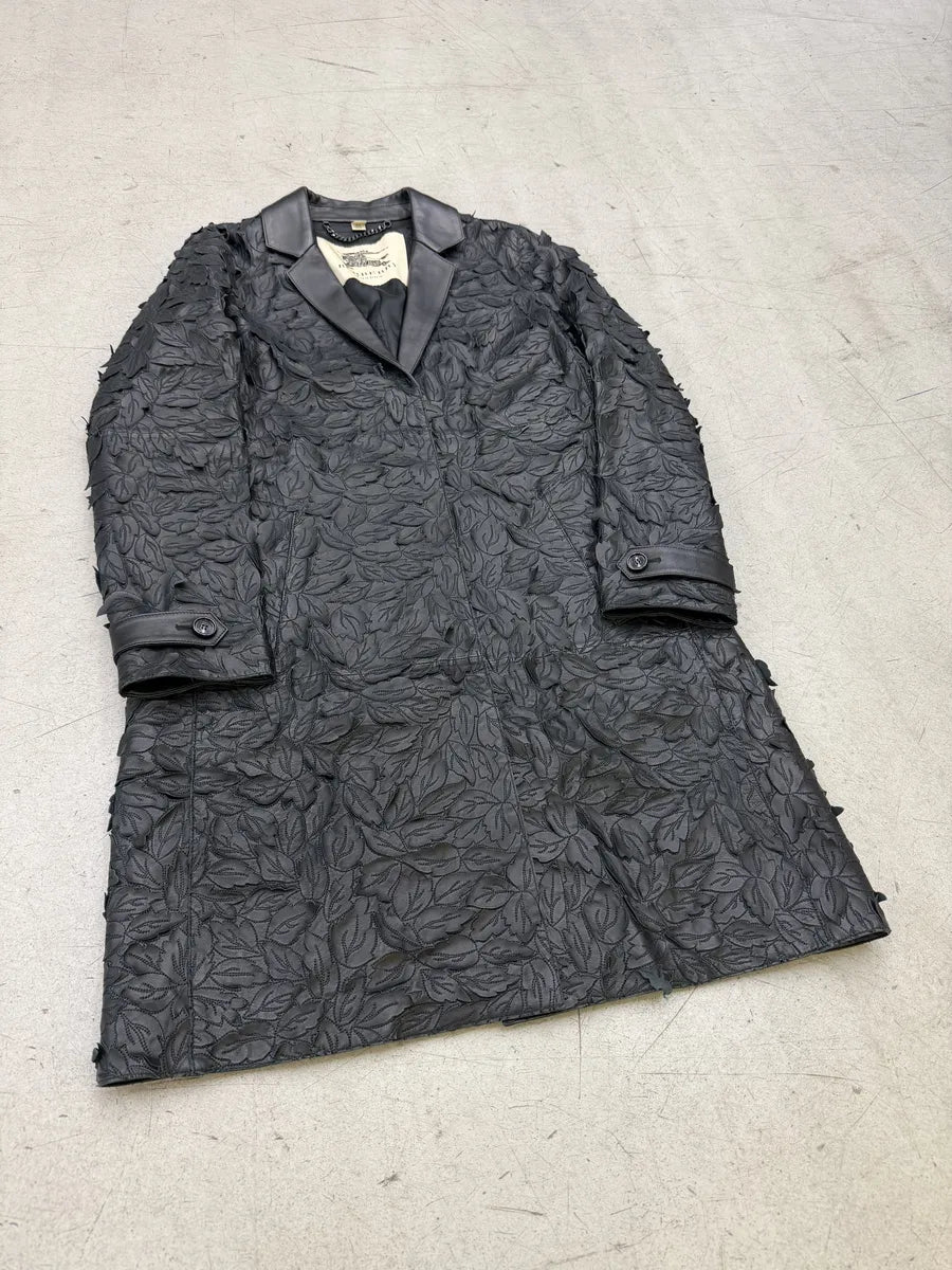 Burberry Prorsum Black Leather Embroidered Leaf Leather Long Jacket DPRGPTU 3