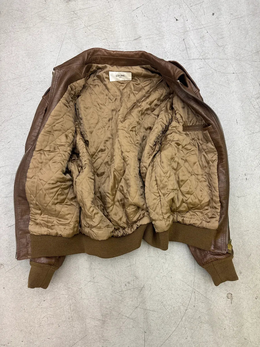 AW2024 Celine Sample Brown Leather Crocodile-Embossed Multi-Zip Bomber Jacket bxvQTaxu 3