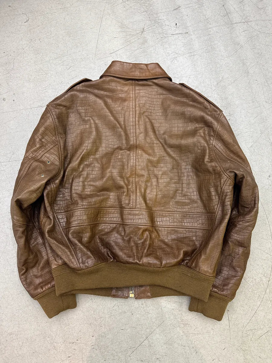 AW2024 Celine Sample Brown Leather Crocodile-Embossed Multi-Zip Bomber Jacket bxvQTaxu 5