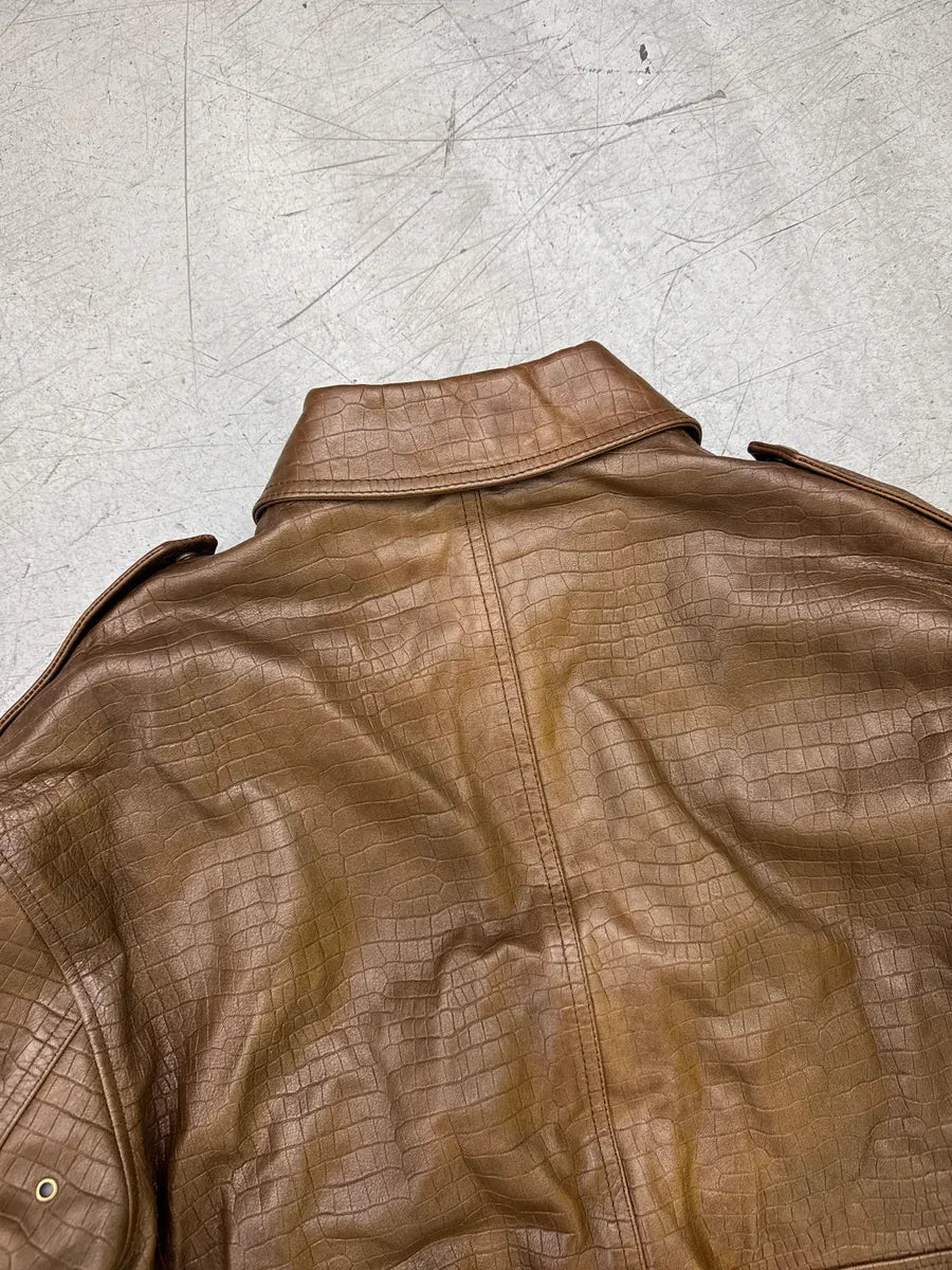 AW2024 Celine Sample Brown Leather Crocodile-Embossed Multi-Zip Bomber Jacket bxvQTaxu 9