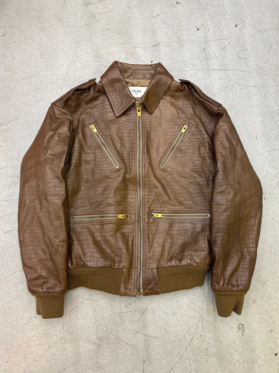 AW2024 Celine Sample Brown Leather Crocodile-Embossed Multi-Zip Bomber Jacket bxvQTaxu 0