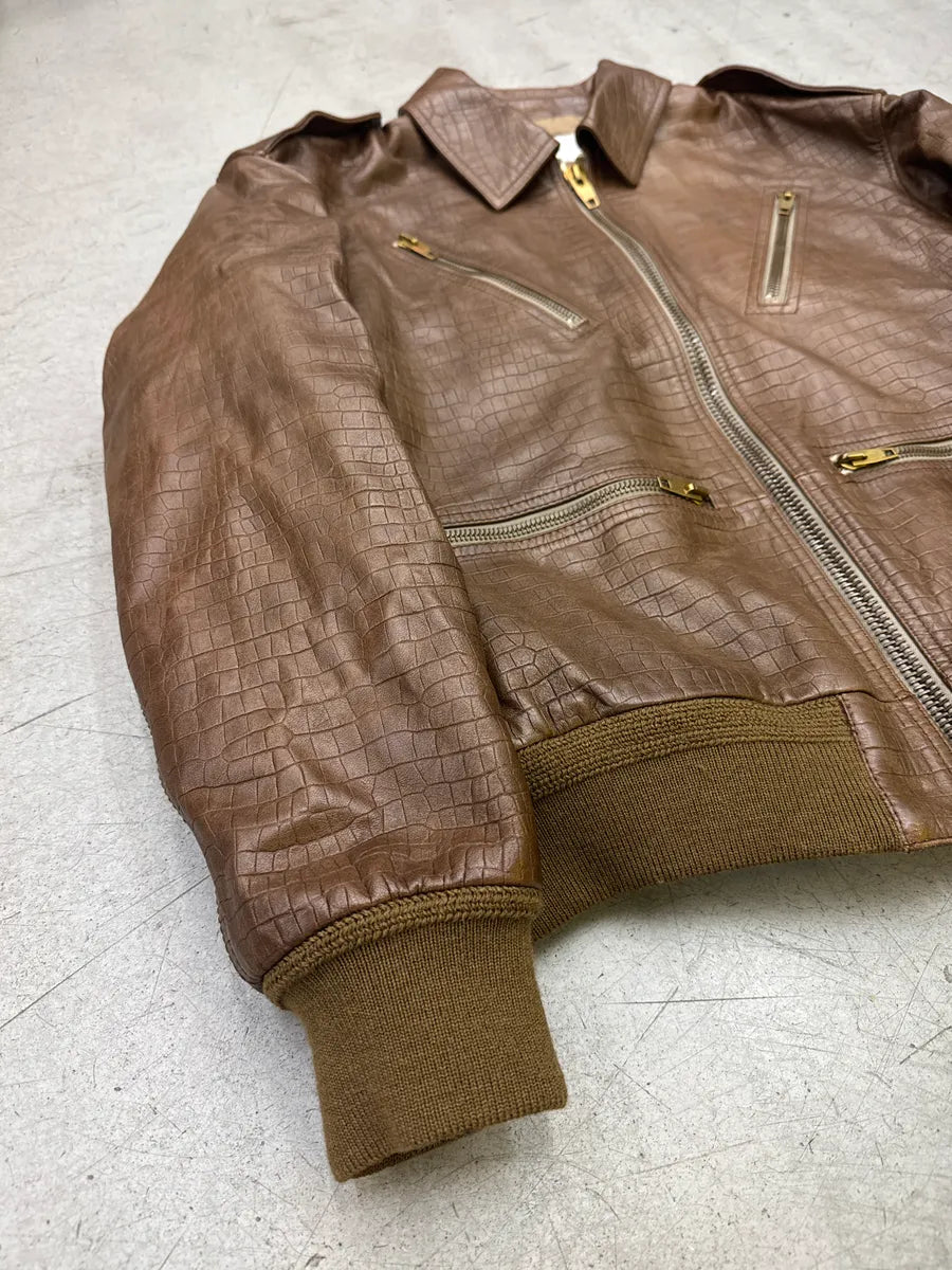 AW2024 Celine Sample Brown Leather Crocodile-Embossed Multi-Zip Bomber Jacket bxvQTaxu 7