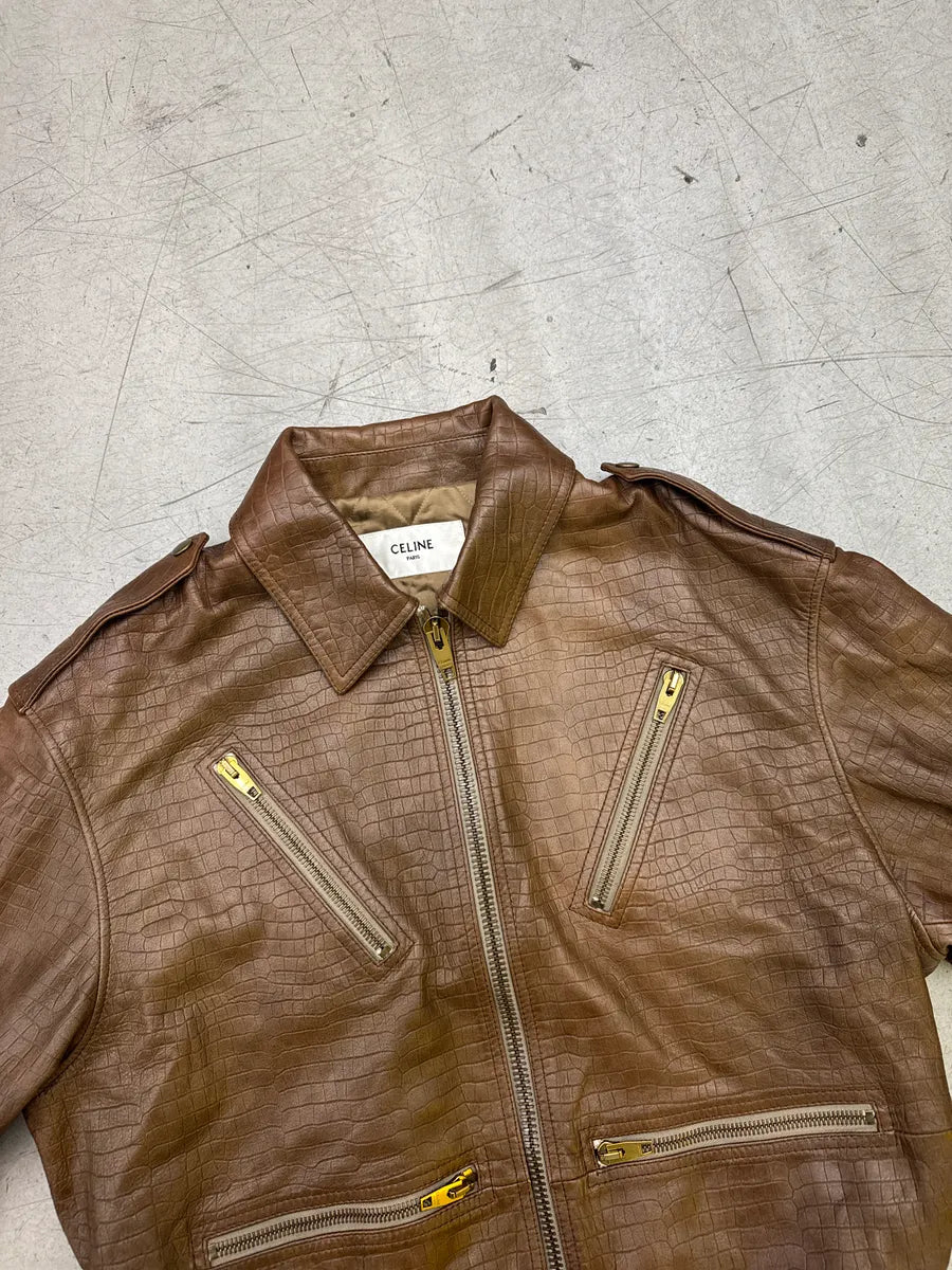 AW2024 Celine Sample Brown Leather Crocodile-Embossed Multi-Zip Bomber Jacket bxvQTaxu 6