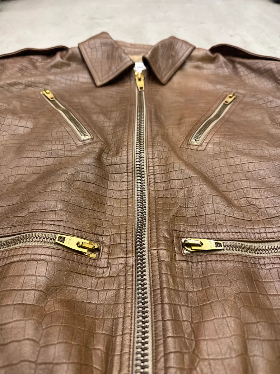 AW2024 Celine Sample Brown Leather Crocodile-Embossed Multi-Zip Bomber Jacket bxvQTaxu 8