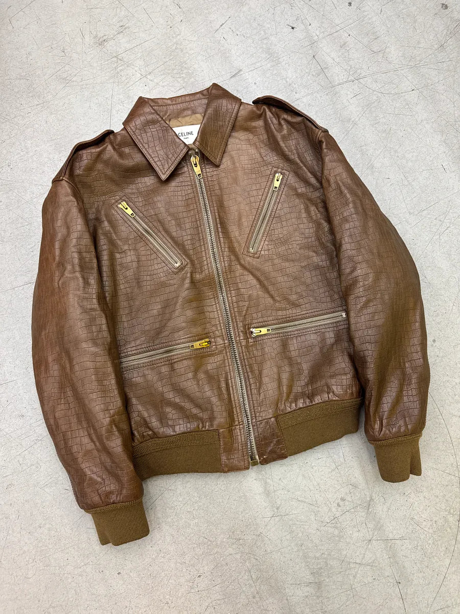 AW2024 Celine Sample Brown Leather Crocodile-Embossed Multi-Zip Bomber Jacket bxvQTaxu 4