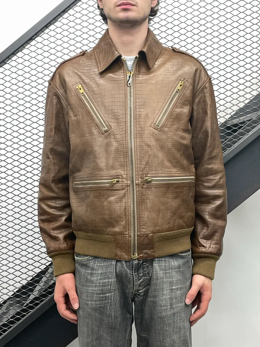 AW2024 Celine Sample Brown Leather Crocodile-Embossed Multi-Zip Bomber Jacket bxvQTaxu 1