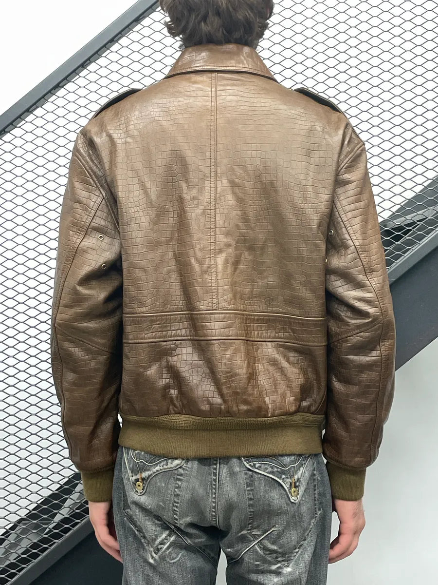 AW2024 Celine Sample Brown Leather Crocodile-Embossed Multi-Zip Bomber Jacket bxvQTaxu 2