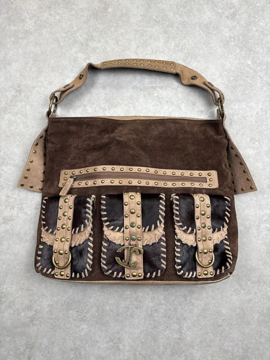 2000s Cavalli Brown Suede Studded Multi-Pocket Shoulder Bag bzOyfvdN 2