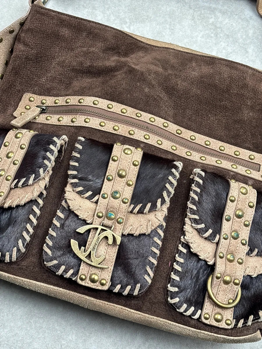 2000s Cavalli Brown Suede Studded Multi-Pocket Shoulder Bag bzOyfvdN 4