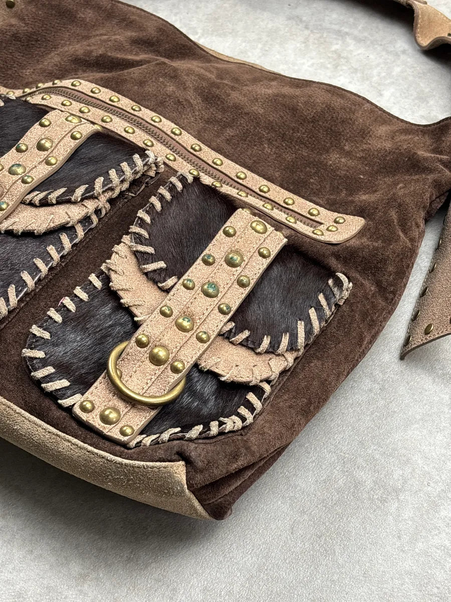 2000s Cavalli Brown Suede Studded Multi-Pocket Shoulder Bag bzOyfvdN 6