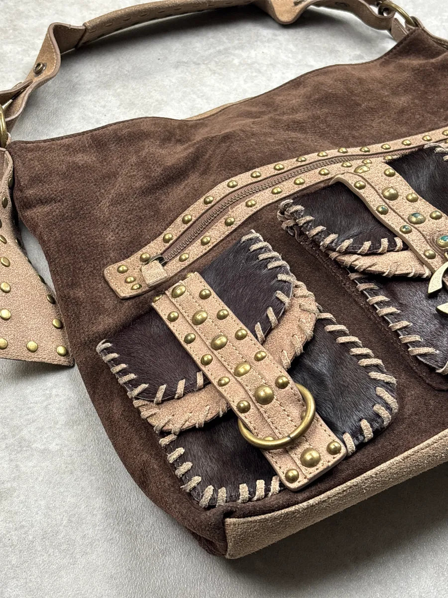 2000s Cavalli Brown Suede Studded Multi-Pocket Shoulder Bag bzOyfvdN 7