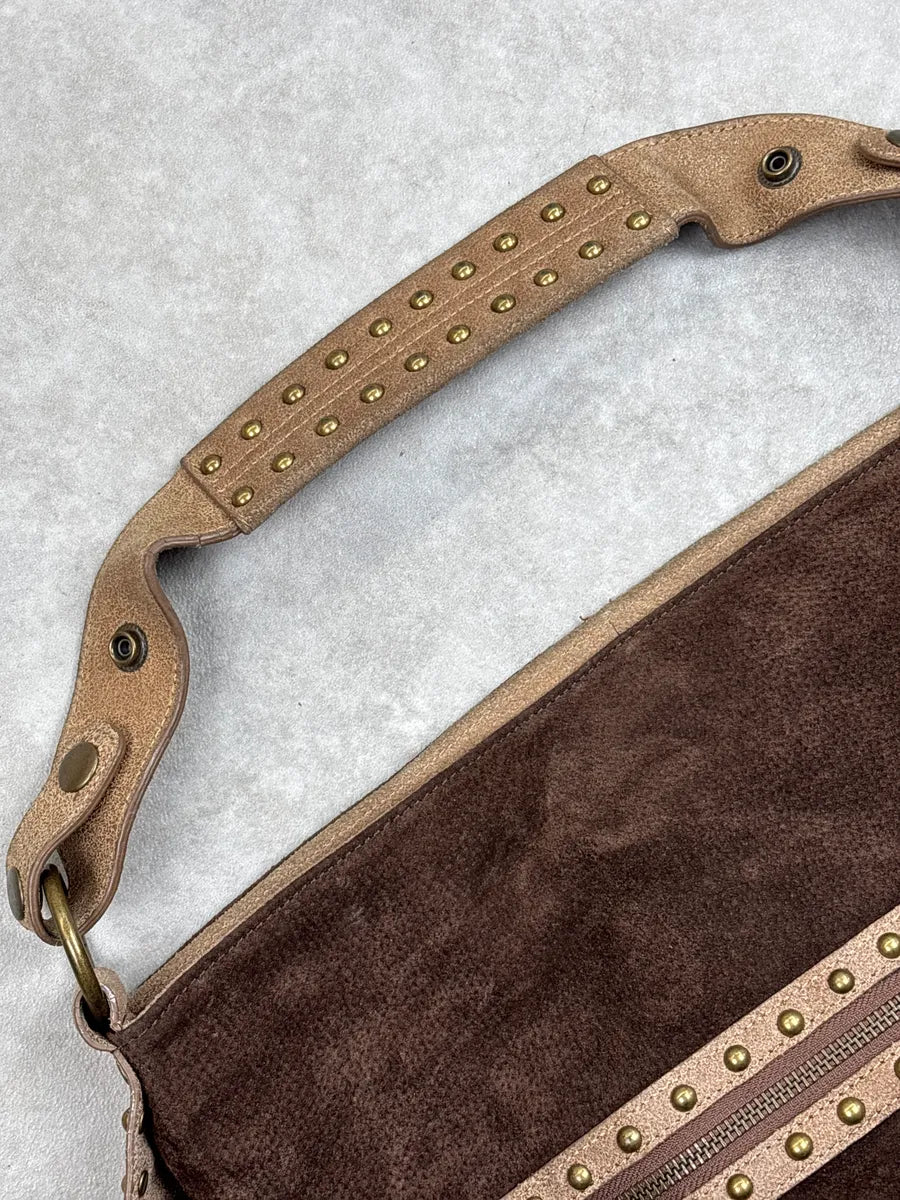 2000s Cavalli Brown Suede Studded Multi-Pocket Shoulder Bag bzOyfvdN 8