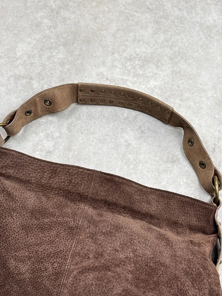 2000s Cavalli Brown Suede Studded Multi-Pocket Shoulder Bag bzOyfvdN 9