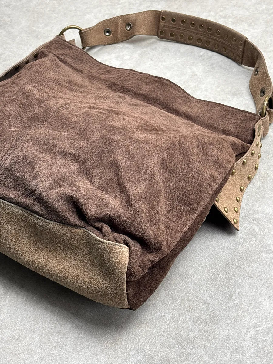 2000s Cavalli Brown Suede Studded Multi-Pocket Shoulder Bag bzOyfvdN 10