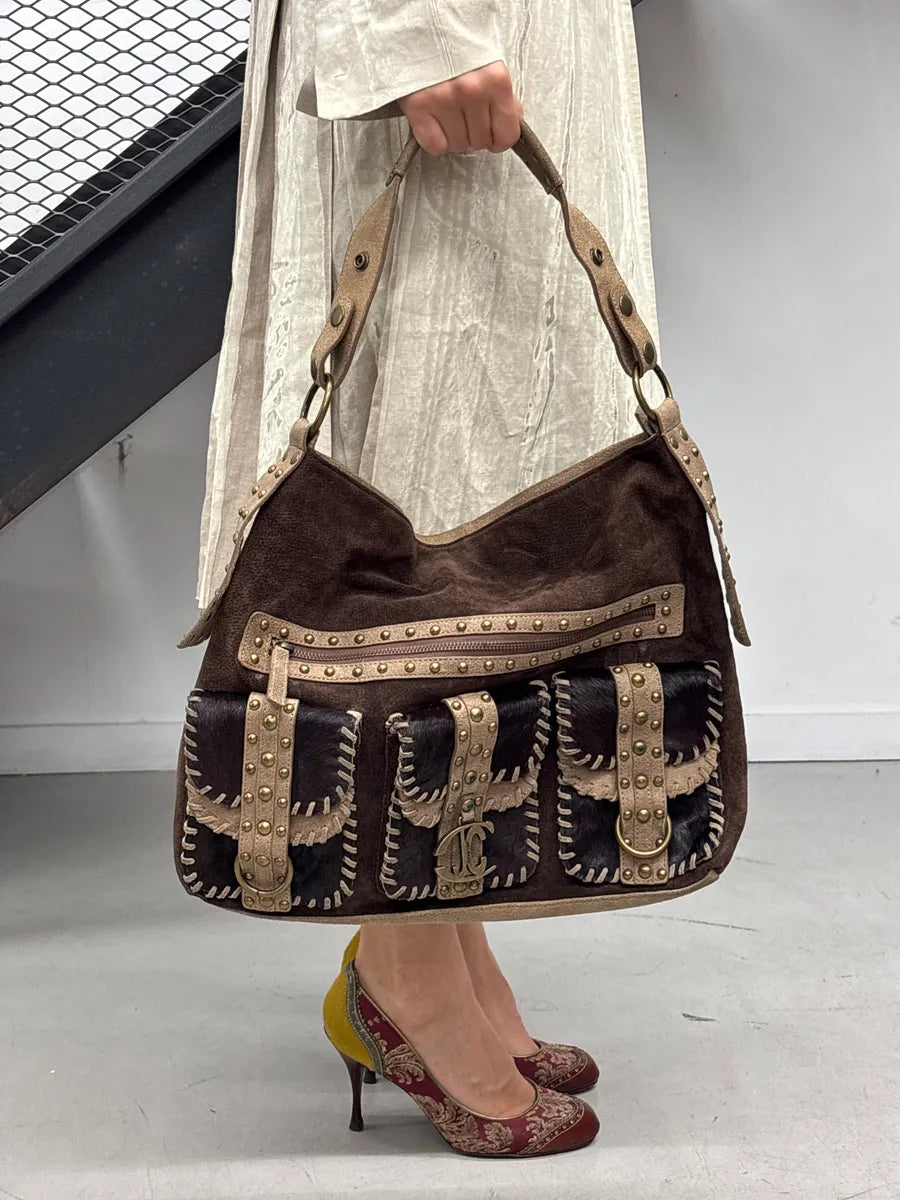 2000s Cavalli Brown Suede Studded Multi-Pocket Shoulder Bag bzOyfvdN 0