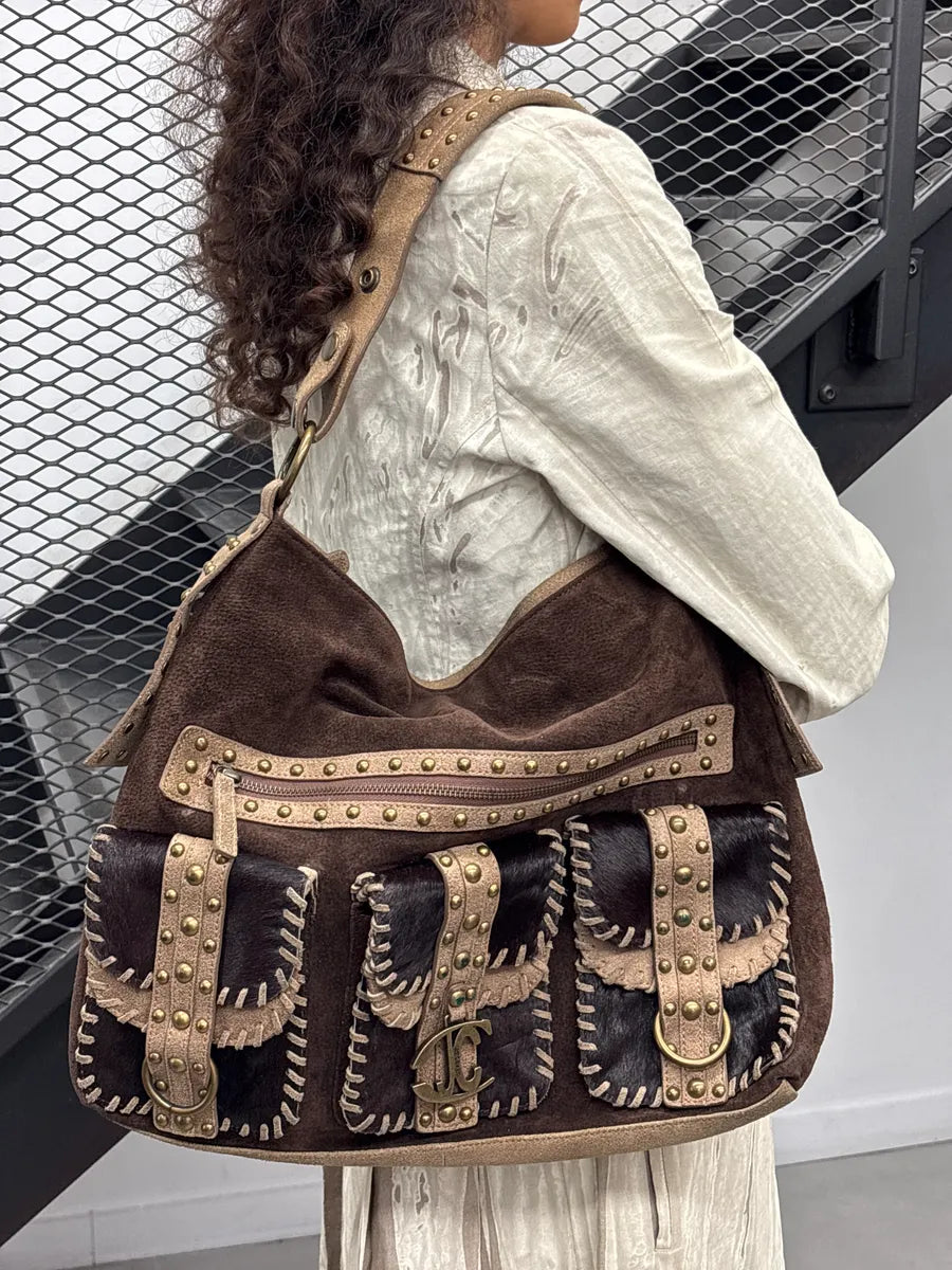 2000s Cavalli Brown Suede Studded Multi-Pocket Shoulder Bag bzOyfvdN 1