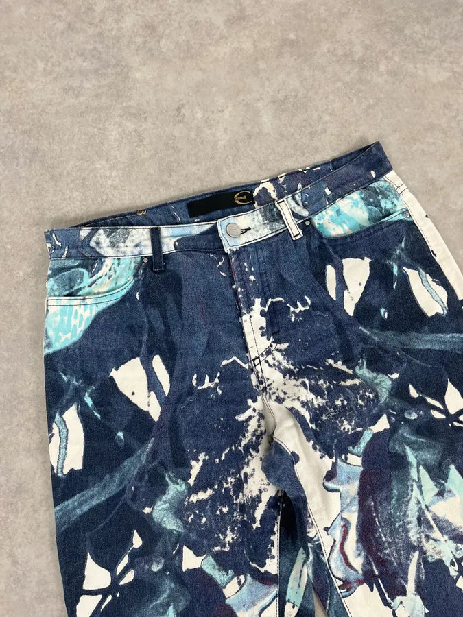 2000s Cavalli White Flowers Punk Navy Pants zIyetpK 4