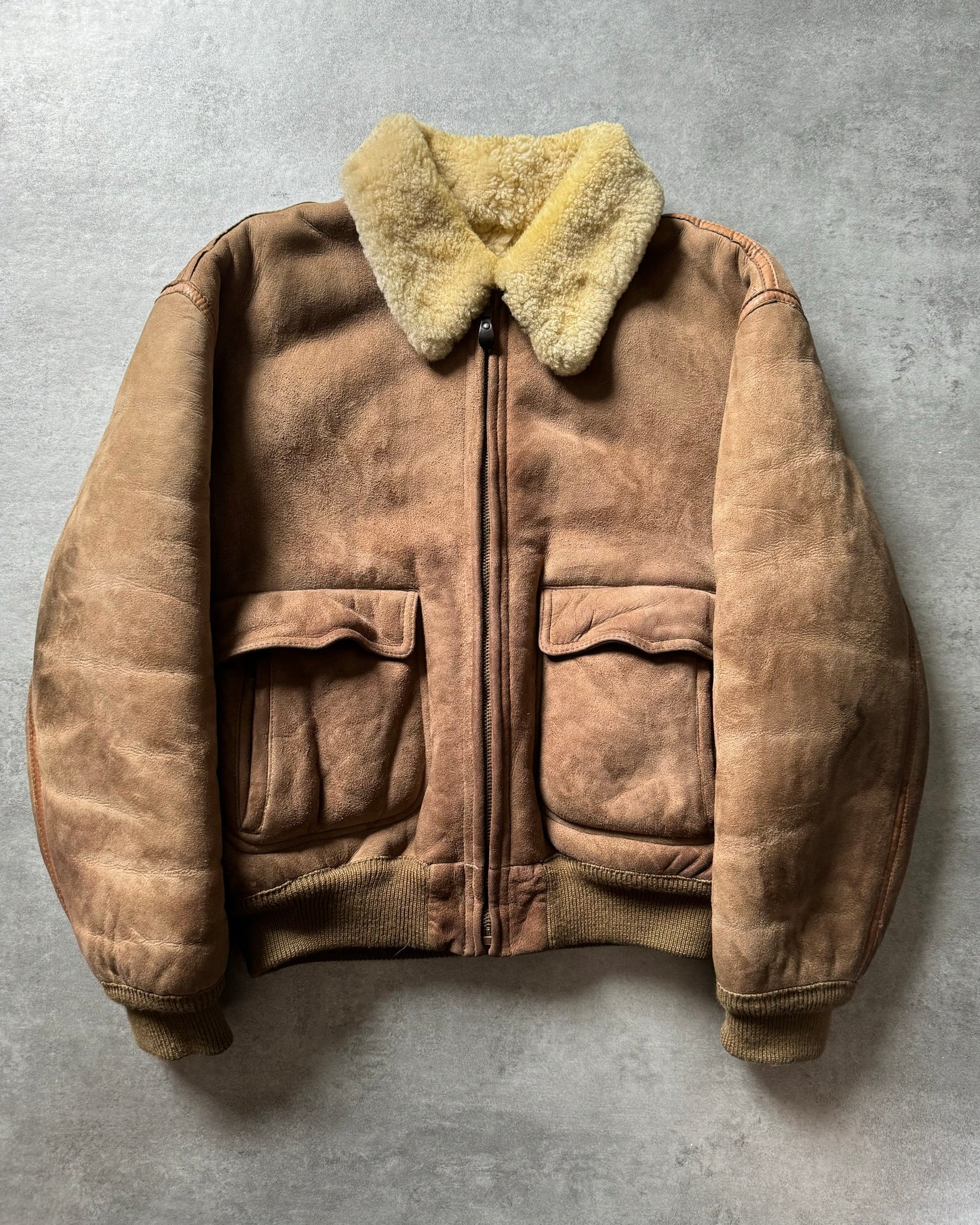 1980s Emporio Armani Camel Shearling Leather Bomber Jacket (L) - 1