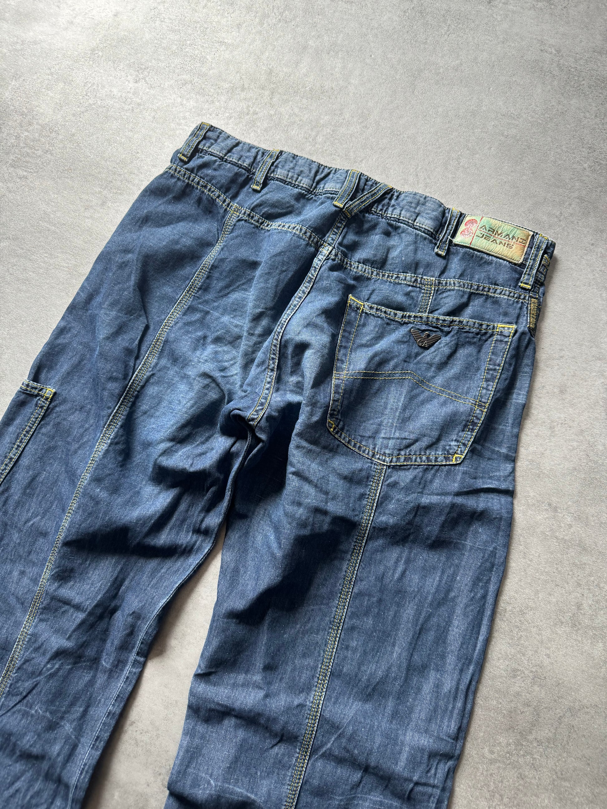 2000s Armani Relaxed Straight Linen Blue Pants (M) - 3