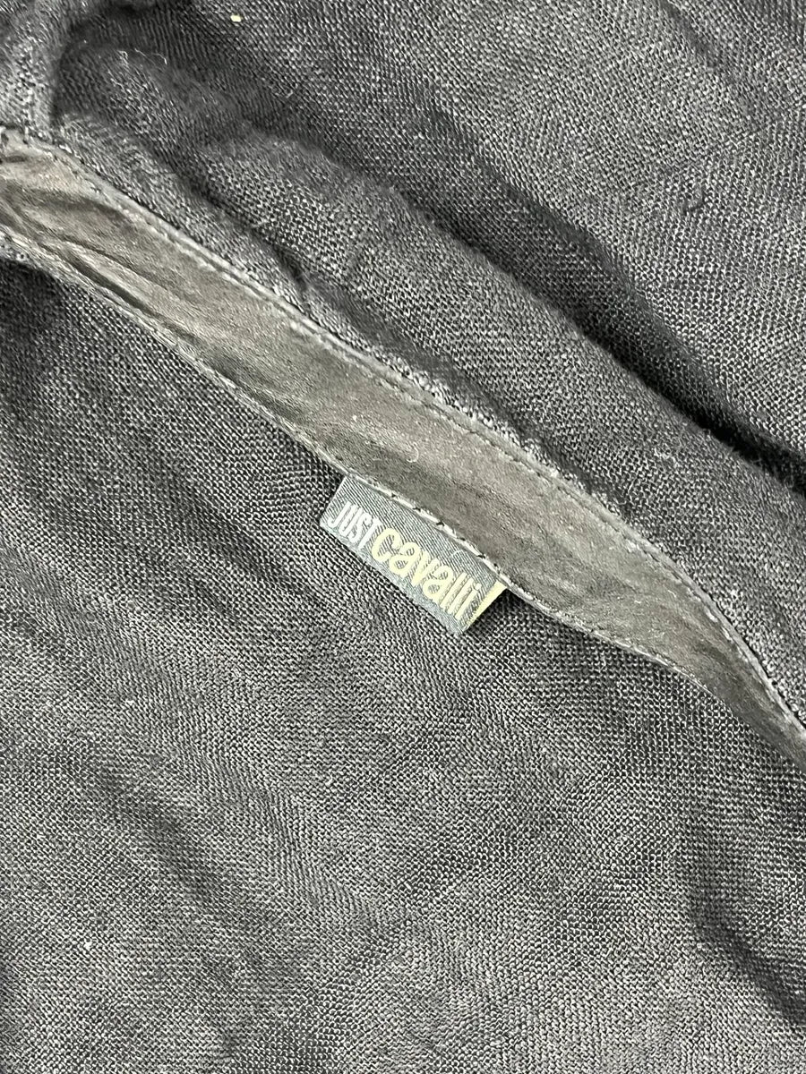 2000s Cavalli Black Hybrid Linen & Leather Henley Shirt FJcbvRW 7