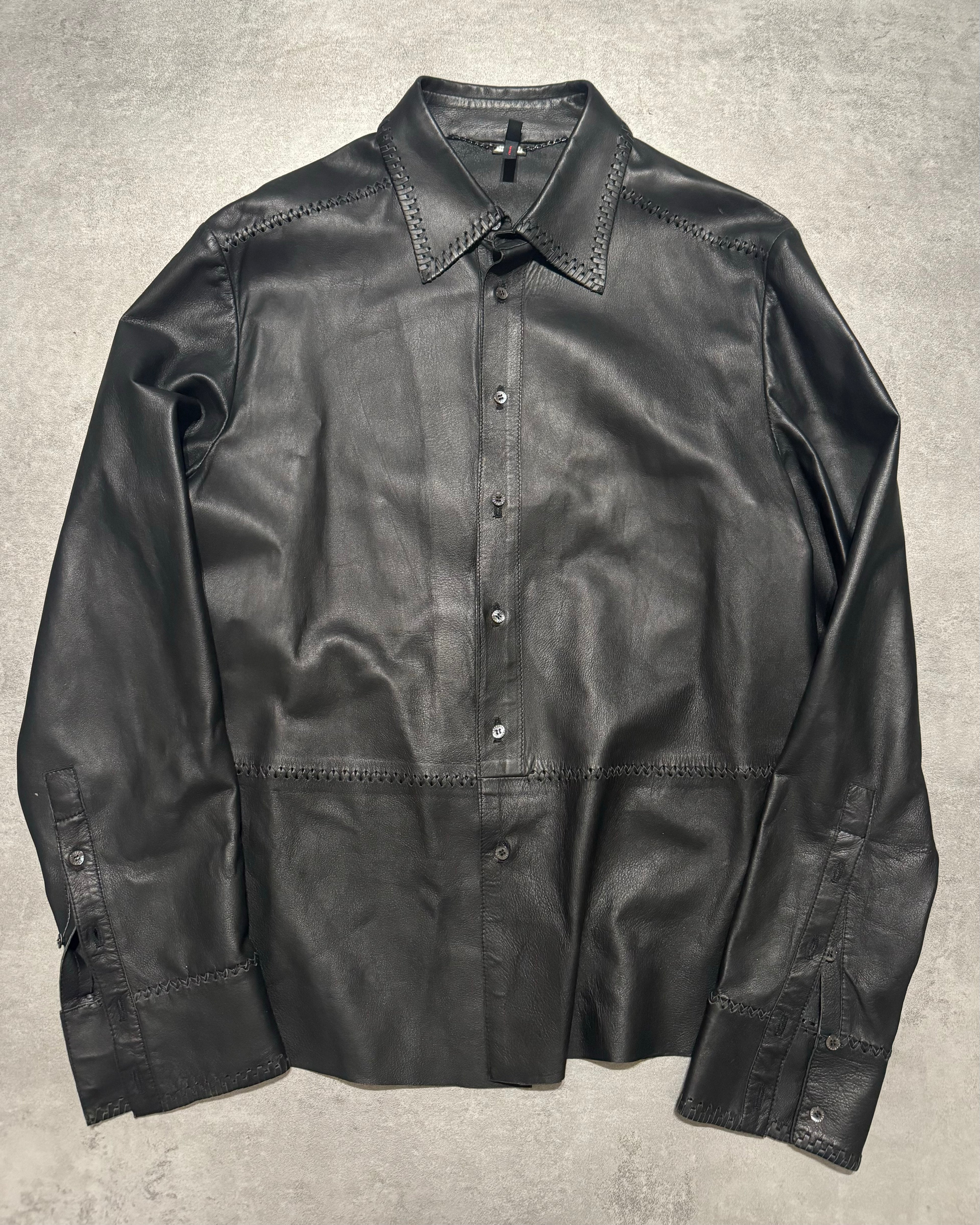 AW2000 Roberto Cavalli Black Minimalist Premium Leather Shirt (S) - 5