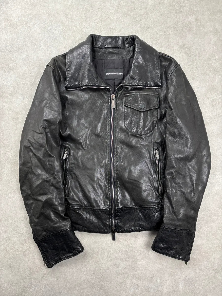 AW2007 Emporio Armani Black Leather Moto Zip-Up Leather Jacket cFcvdtJJ 0