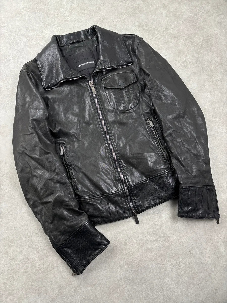 AW2007 Emporio Armani Black Leather Moto Zip-Up Leather Jacket cFcvdtJJ 5