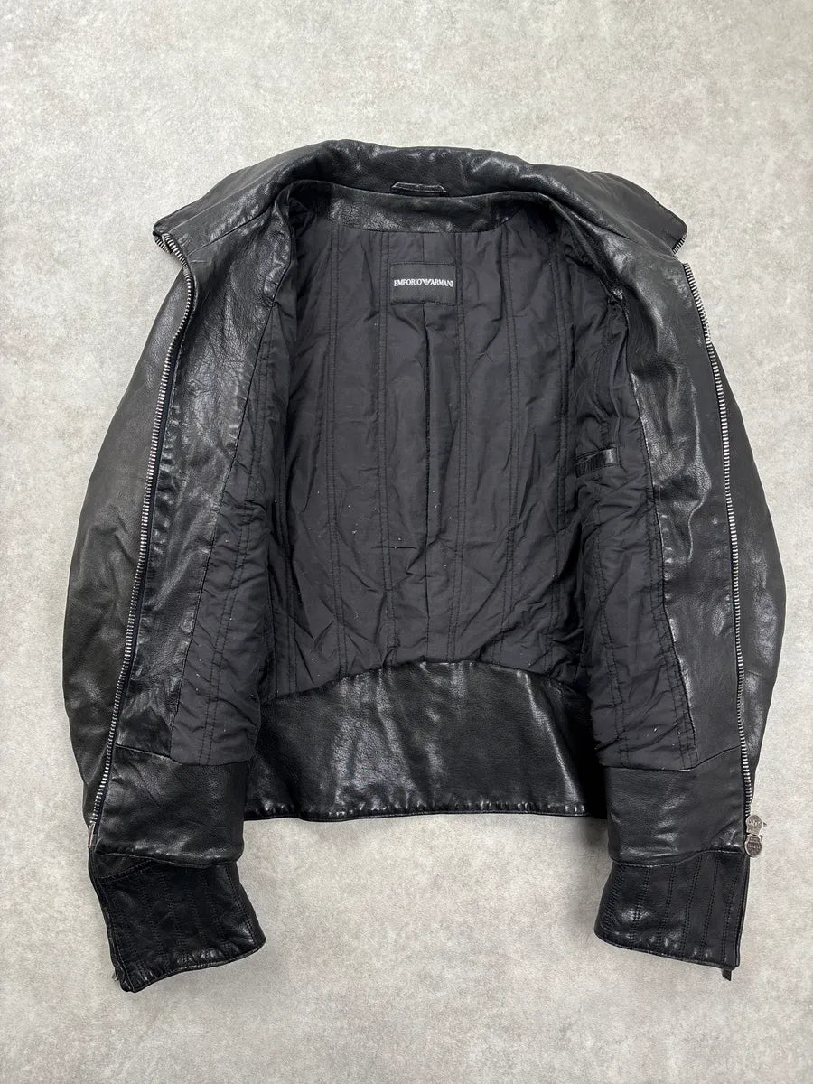 AW2007 Emporio Armani Black Leather Moto Zip-Up Leather Jacket cFcvdtJJ 6