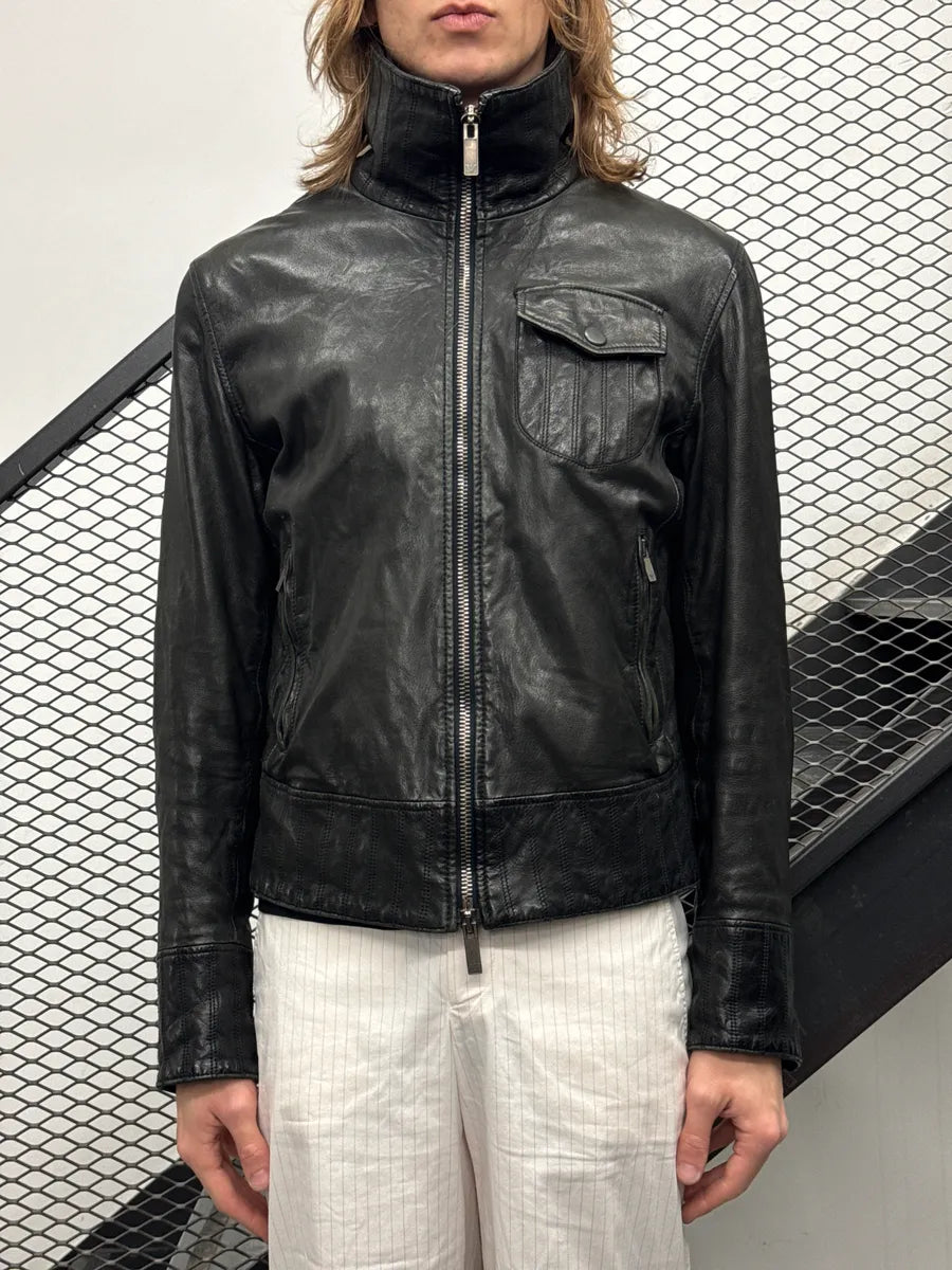 AW2007 Emporio Armani Black Leather Moto Zip-Up Leather Jacket cFcvdtJJ 1