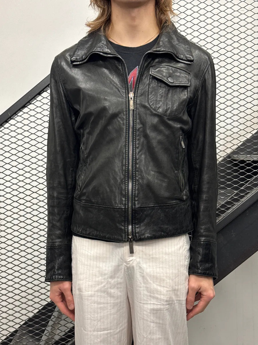 AW2007 Emporio Armani Black Leather Moto Zip-Up Leather Jacket cFcvdtJJ 2