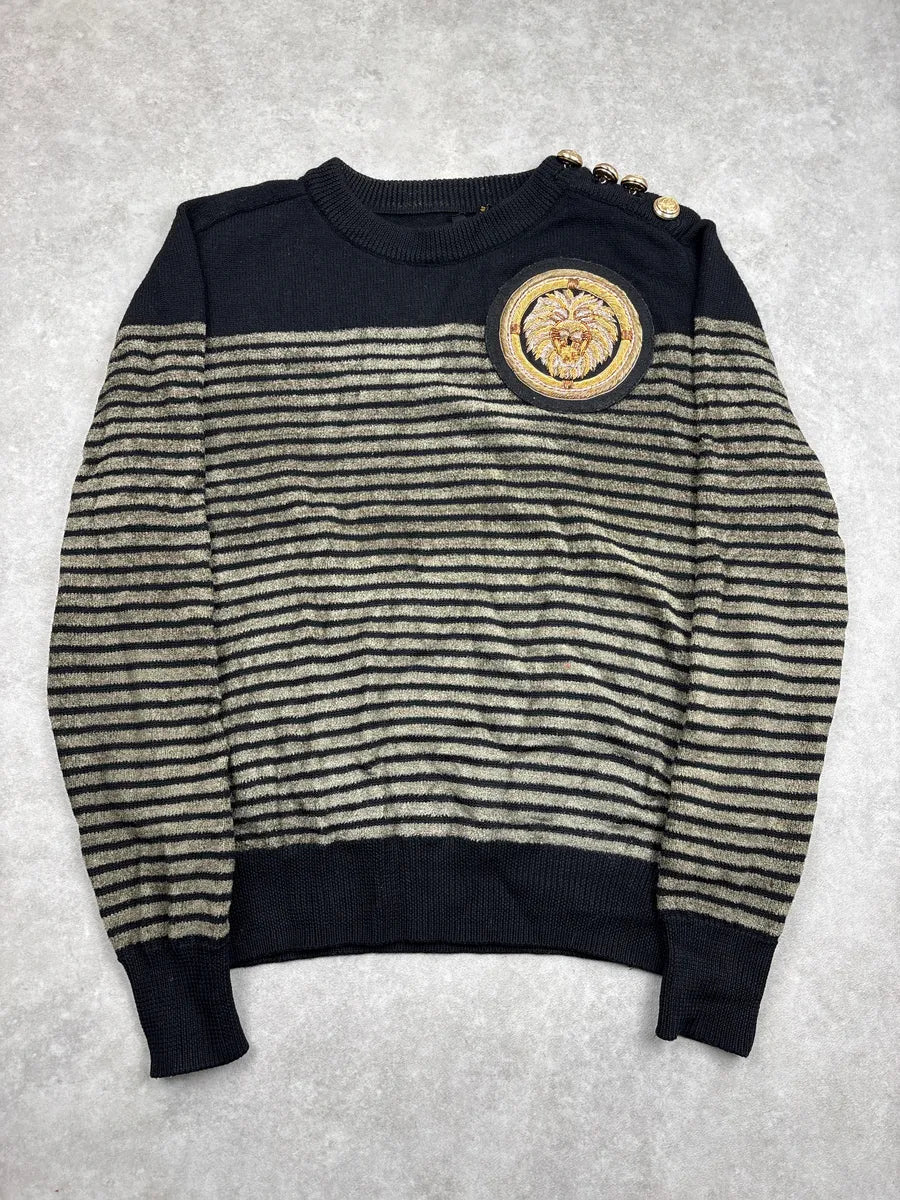 AW2015 Balmain x H&M Black Lion Head Embroidered Stripe Sweater cNtdrpfq 0
