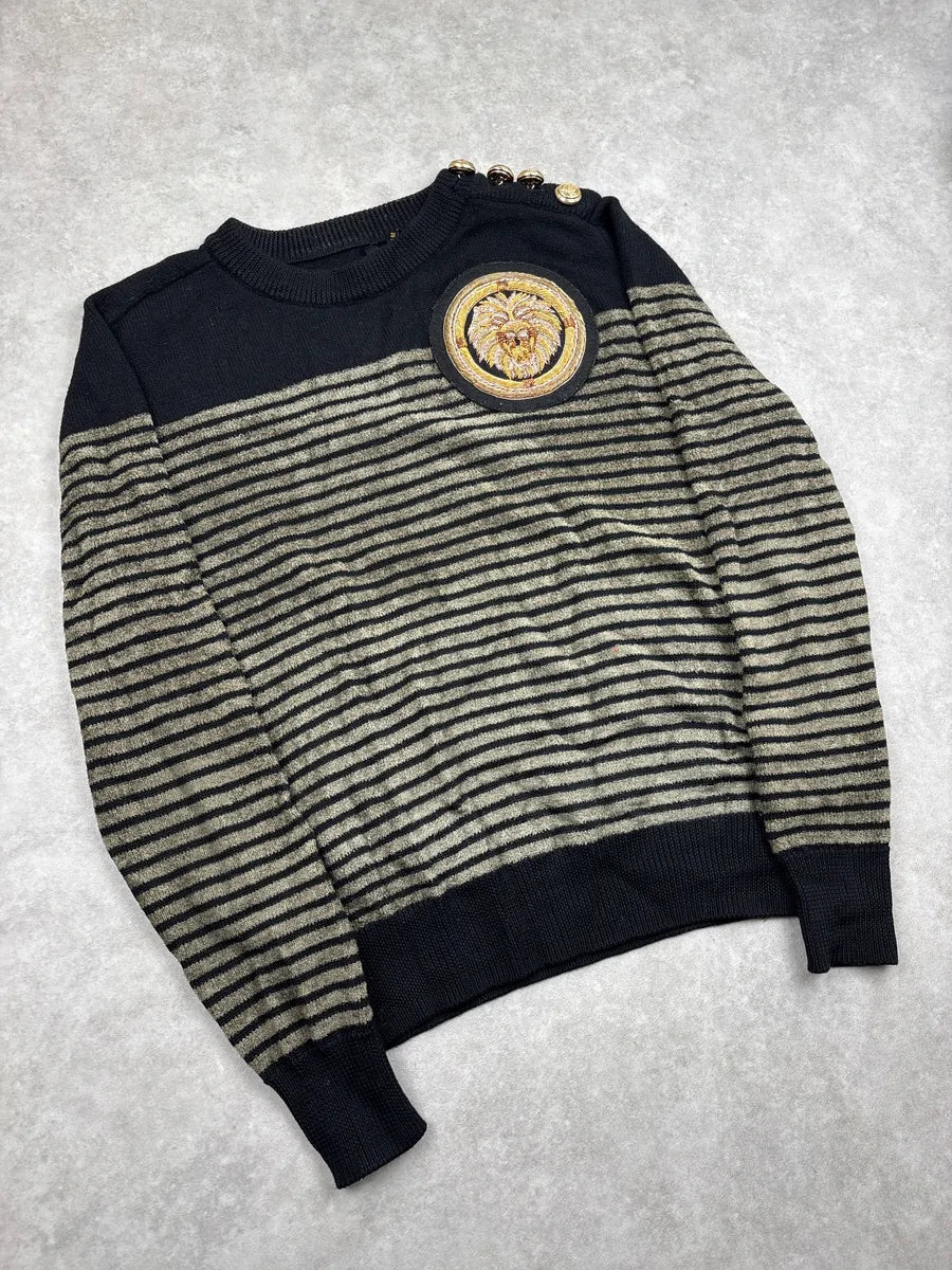 AW2015 Balmain x H&M Black Lion Head Embroidered Stripe Sweater cNtdrpfq 3