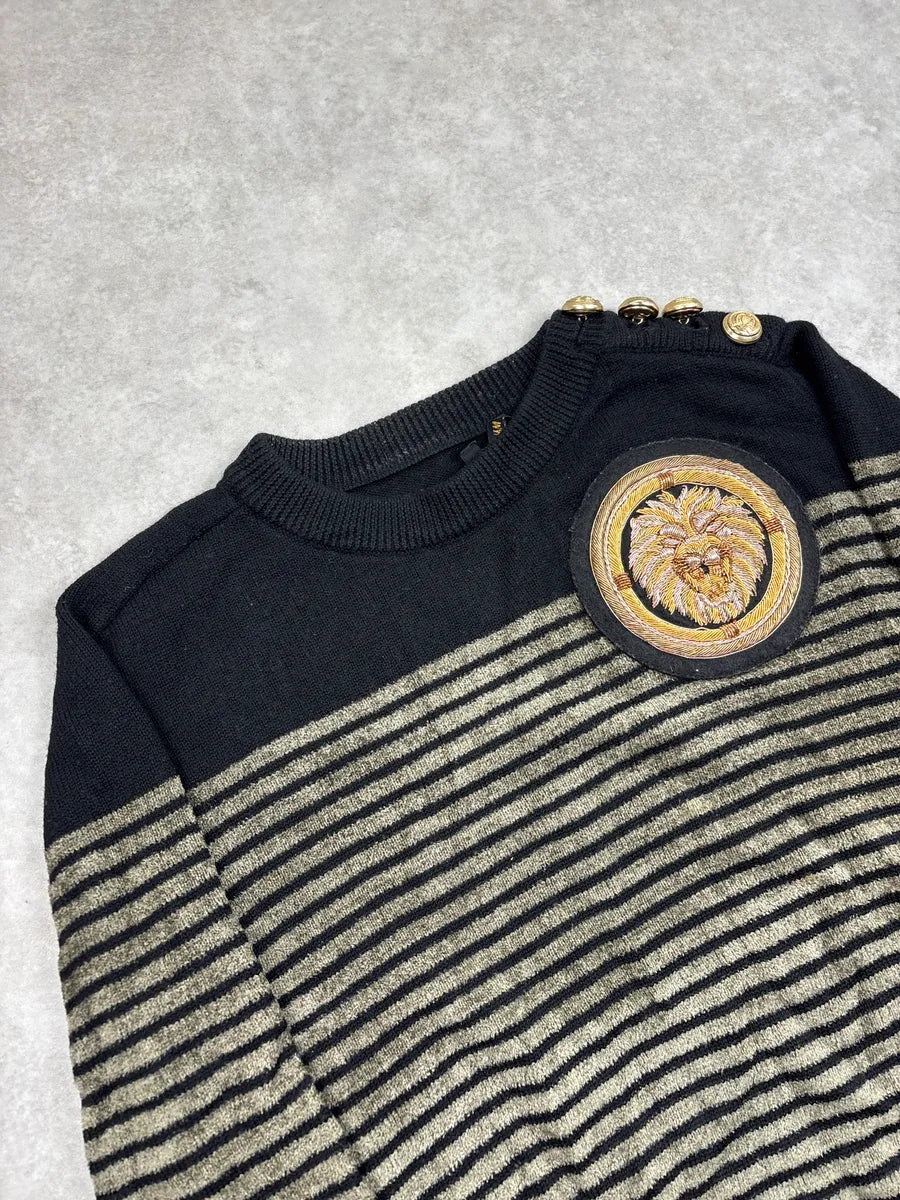 AW2015 Balmain x H&M Black Lion Head Embroidered Stripe Sweater cNtdrpfq 4