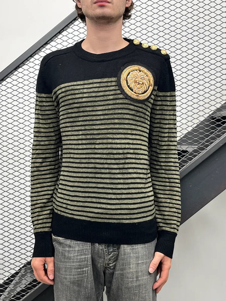 AW2015 Balmain x H&M Black Lion Head Embroidered Stripe Sweater cNtdrpfq 1