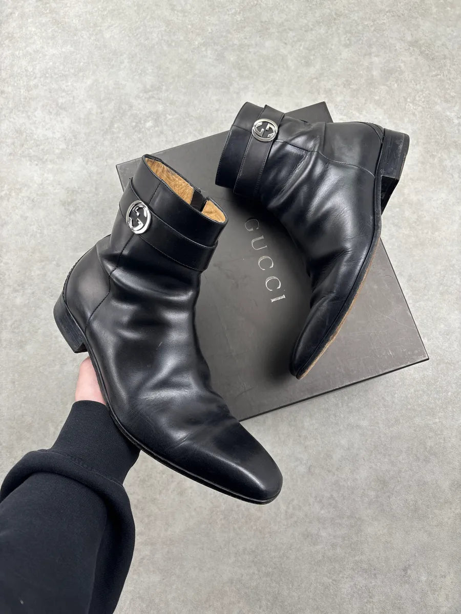 Gucci Black Leather Interlocking G Square Toe Boots cQSPTkWH 0