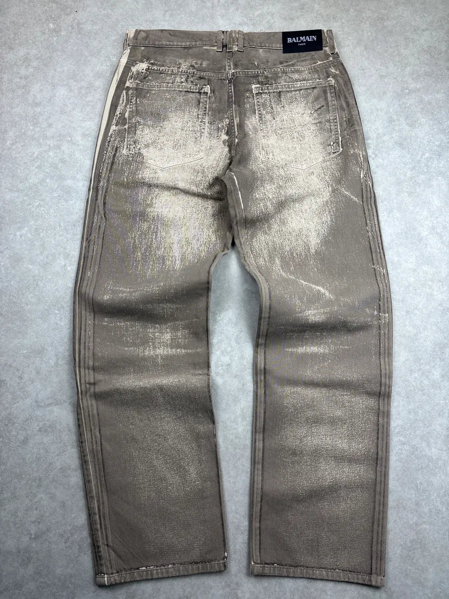 AW2021 Balmain Beige Taupe Denim Distressed Loose Fit Jeans cYXuDelq 4