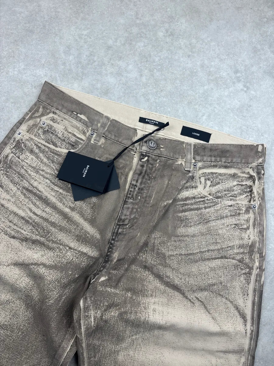 AW2021 Balmain Beige Taupe Denim Distressed Loose Fit Jeans cYXuDelq 6