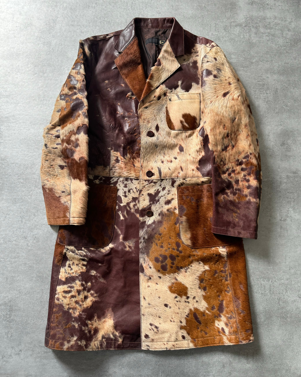 2000s Cavalli Imperial Brown Pony Hair Long Leather Jacket (L) - 1