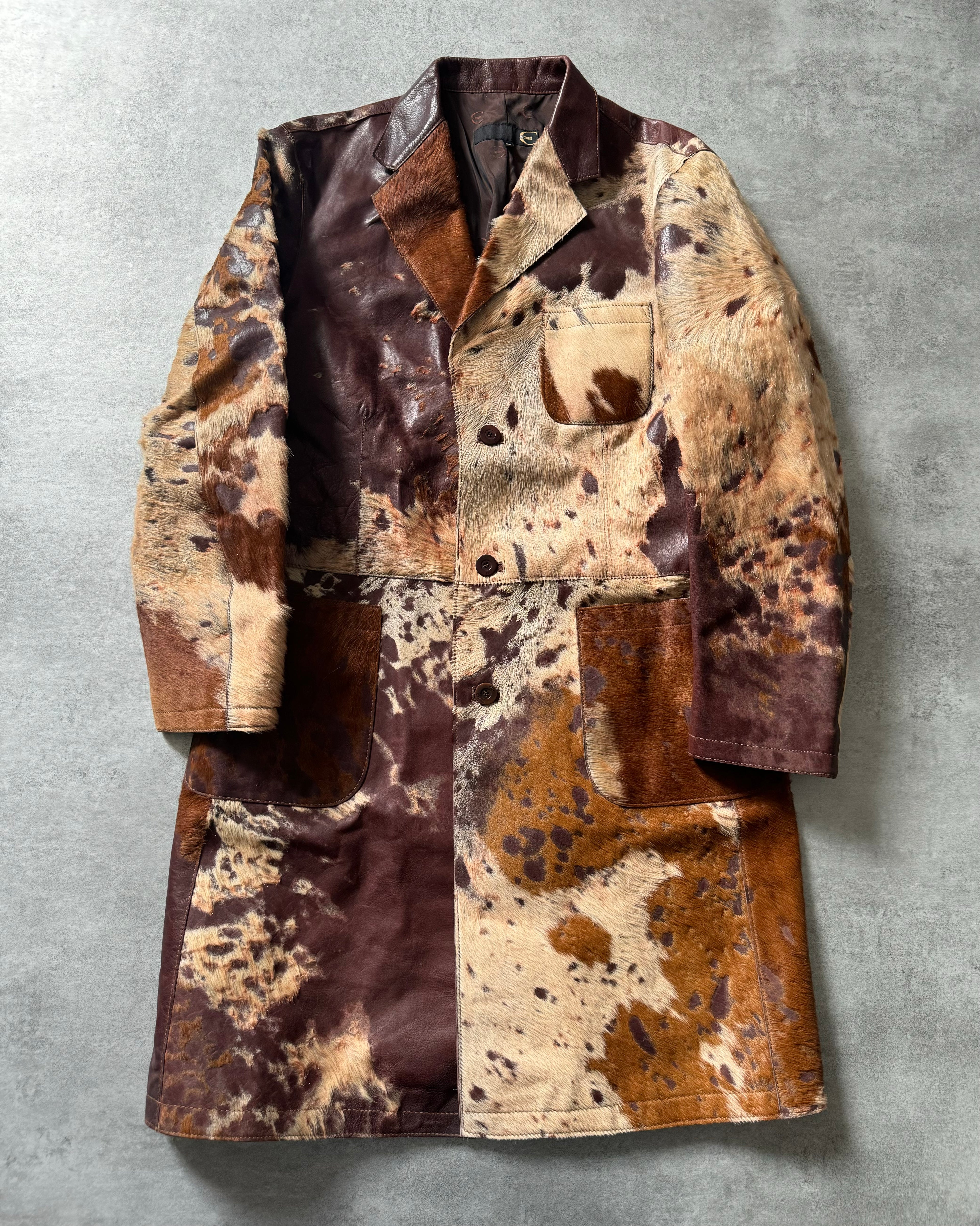 2000s Cavalli Imperial Brown Pony Hair Long Leather Jacket (L) - 1