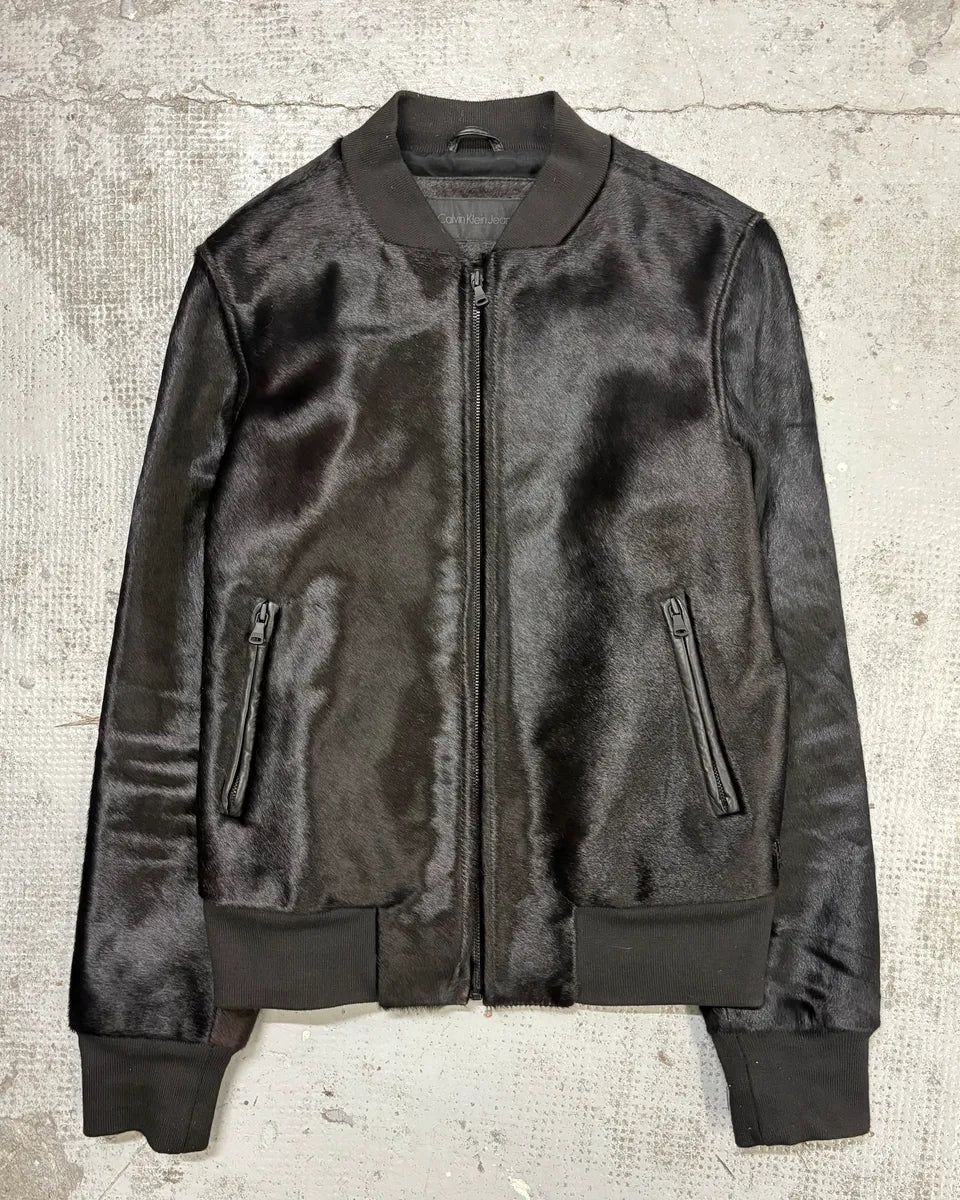 Calvin Klein Black Leather Pony Hair Bomber Jacket iuEVTOm 0